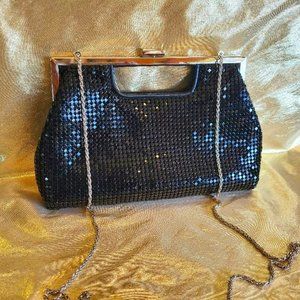 Mesh Clutch with Clasp Closure -La Regale Black Metal Beaded